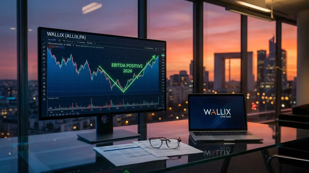 Graphique boursier de l'action Wallix (ALLIX.PA) affichant une tendance de récupération en V et un EBITDA positif en 2026, avec un ordinateur portable Wallix ONE SaaS et un rapport NIS2 dans un bureau de La Défense.