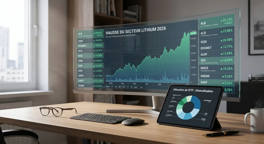 Investir dans le Lithium en 2026 : Guide et Analyse du Petit Or Blanc 3 Graphique boursier dรฉtaillรฉ de la hausse du secteur Lithium en 2026 sur รฉcran incurvรฉ, avec tablette affichant la diversification ETF.