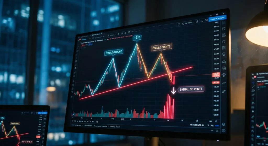 Quand vendre une action ? Le Guide Stratégique (et Psychologique) Complet 3 Graphique boursier montrant une figure en tête et épaules avec signal de vente et cassure de ligne de cou.