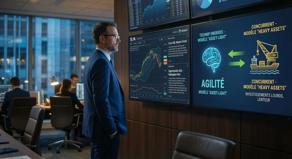 Comparatif boursier entre le modèle agile asset-light de Technip Energies et les concurrents heavy assets en 2026.