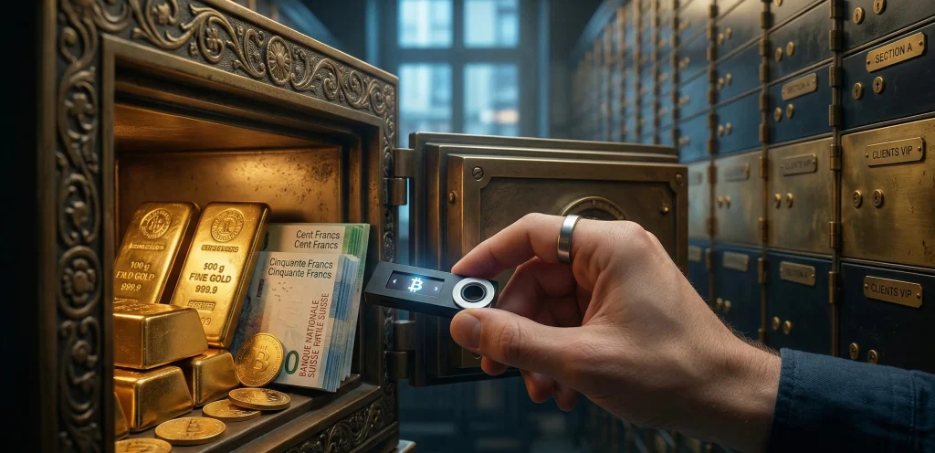 Investir en temps de guerre : Stratégies et Actifs Refuges (Guide 2026) 5 Coffre-fort contenant de l'or physique, des francs suisses et une clé Ledger pour sécuriser du Bitcoin en valeur refuge