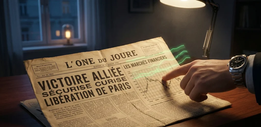 Investir en temps de guerre : Stratégies et Actifs Refuges (Guide 2026) 4 Graphique boursier en hausse superposé à un journal historique illustrant la résilience et le rebond des marchés après un conflit