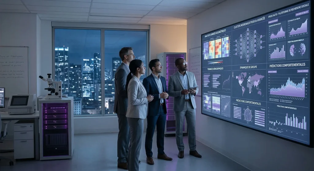 Experts analysant des clusters de données sur la plateforme Ipsos Facto utilisant l'intelligence artificielle pour les prédictions comportementales.