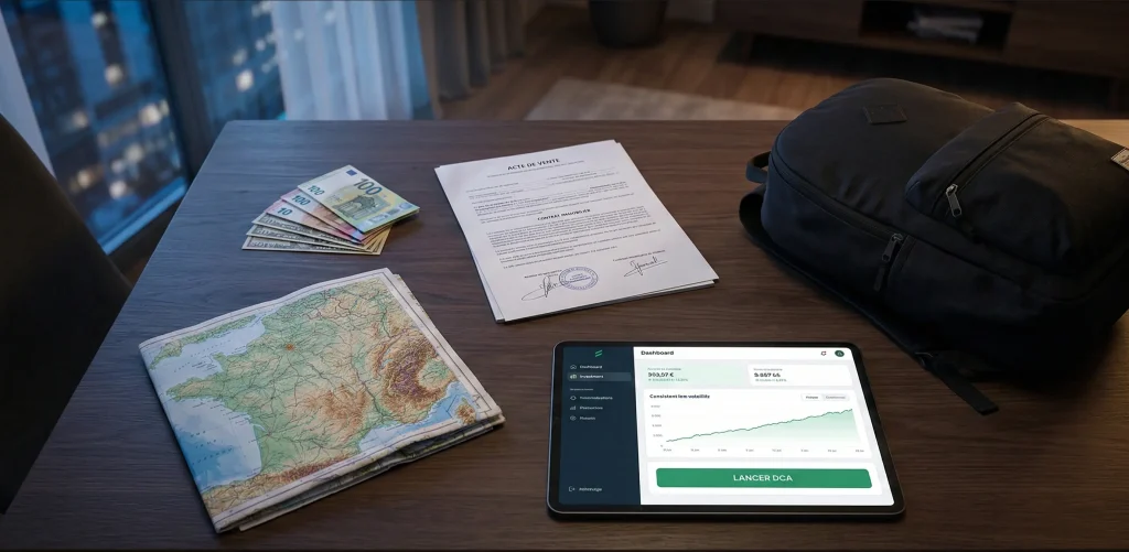 Investir en temps de guerre : Stratégies et Actifs Refuges (Guide 2026) 6 Pack financier d’urgence avec liquidités, documents de propriété et tablette affichant une stratégie de DCA en période de crise
