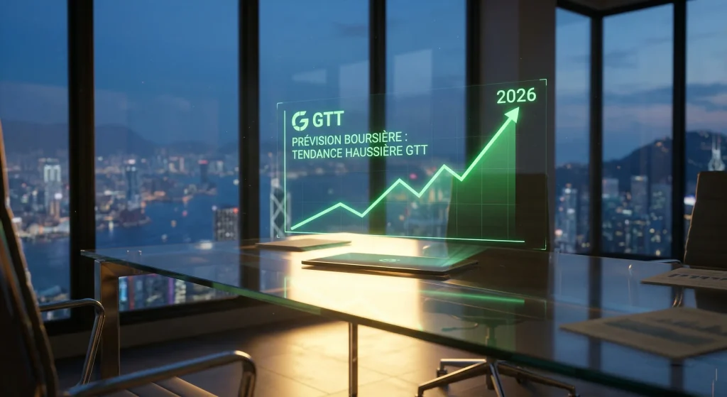 Action GTT en 2026 : Analyse Complรจte, Dividendes et Avis d'Investissement 11 Analyse boursiรจre premium de l'action GTT Gaztransport et Technigaz : Un graphique boursier hologramme 3D projetรฉ sur un bureau en verre dans un bureau de finance moderne ร Hong Kong. Il montre une tendance haussiรจre 'PRรVISION BOURSIรRE GTT' pour 2026, au crรฉpuscule. Idรฉal pour s'exposer au transport dรฉcarbonรฉ.