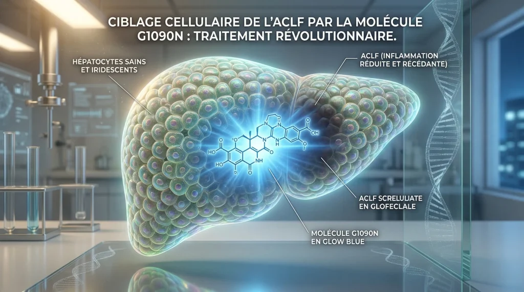 Action Genfit en 2026 : Analyse, Perspectives et Avis 2 Schรฉma mรฉdical du foie illustrant le ciblage de la molรฉcule G1090N de Genfit pour le traitement de l'ACLF.
