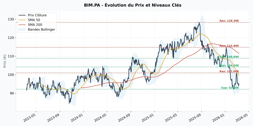 Investir dans l'action BioMérieux en 2026 : Analyse et Perspectives 6 Analyse technique BioMérieux 2026 : graphique du prix avec moyennes mobiles, bandes de Bollinger et supports.