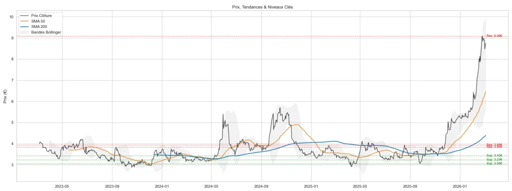 Action Genfit en 2026 : Analyse, Perspectives et Avis 5 Graphique boursier de l'action Genfit avec moyennes mobiles SMA 50, SMA 200 et bandes de Bollinger montrant une tendance haussiรจre.