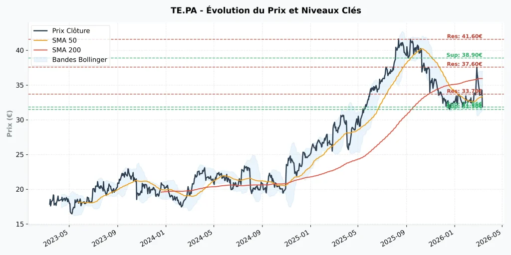 Graphique analyse technique Technip Energies 2026 montrant le cours de l'action, les moyennes mobiles SMA 50, SMA 200 et les niveaux de support résistance.