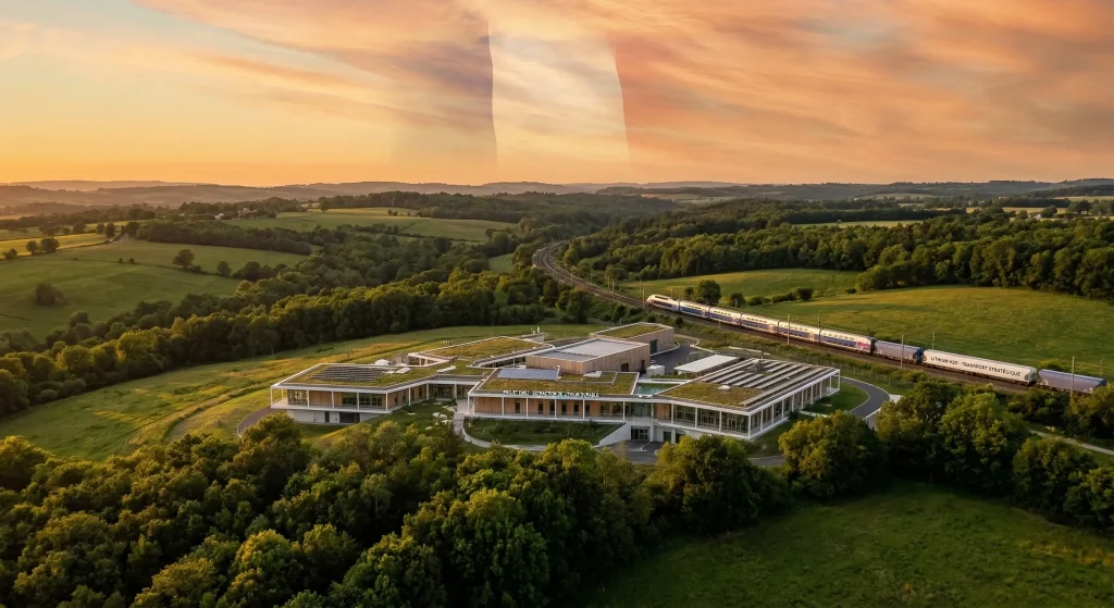 Investir dans le Lithium en 2026 : Guide et Analyse du Petit Or Blanc 2 Vue aรฉrienne du Projet EMILI, installation d'extraction de lithium durable en France avec passage de TGV.
