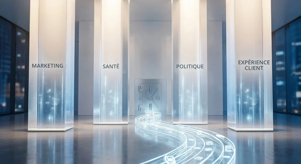 Représentation des 4 piliers de revenus Ipsos : Marketing, Santé, Politique et Expérience Client avec flux de données sécurisé.