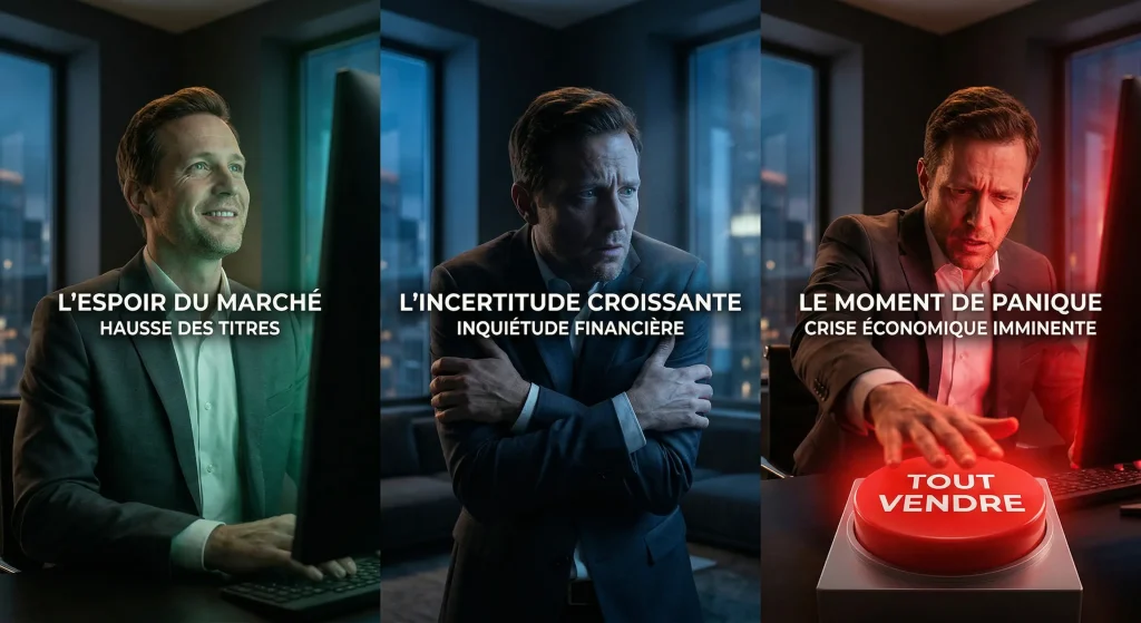 Quand vendre une action ? Le Guide Stratégique (et Psychologique) Complet 7 Les trois étapes de la psychologie boursière : espoir, incertitude et moment de panique avec bouton tout vendre.