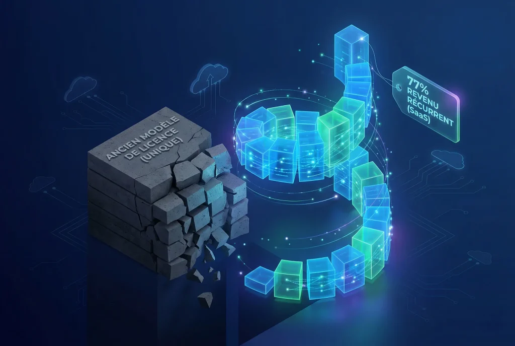Investir dans l'Action Wallix en 2026 : Avis, Analyse et Potentiel 2 Visualisation 3D isométrique montrant le contraste entre l'ancien modèle de licence Wallix en train de s'effondrer et la colonne lumineuse du modèle SaaS avec 77% de revenus récurrents.