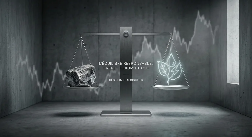 Investir dans le Lithium en 2026 : Guide et Analyse du Petit Or Blanc 6 Balance conceptuelle pesant minerai de lithium contre hologramme de durabilitรฉ ESG, illustrant une gestion responsable des risques.
