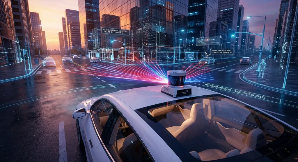 Action Lumibird (LBIRD) : Faut-il investir en 2026 ? Analyse Complรจte 3 Technologie LiDAR de Lumibird embarquรฉe sur une voiture autonome pour la reconnaissance de scรจne urbaine en temps rรฉel.