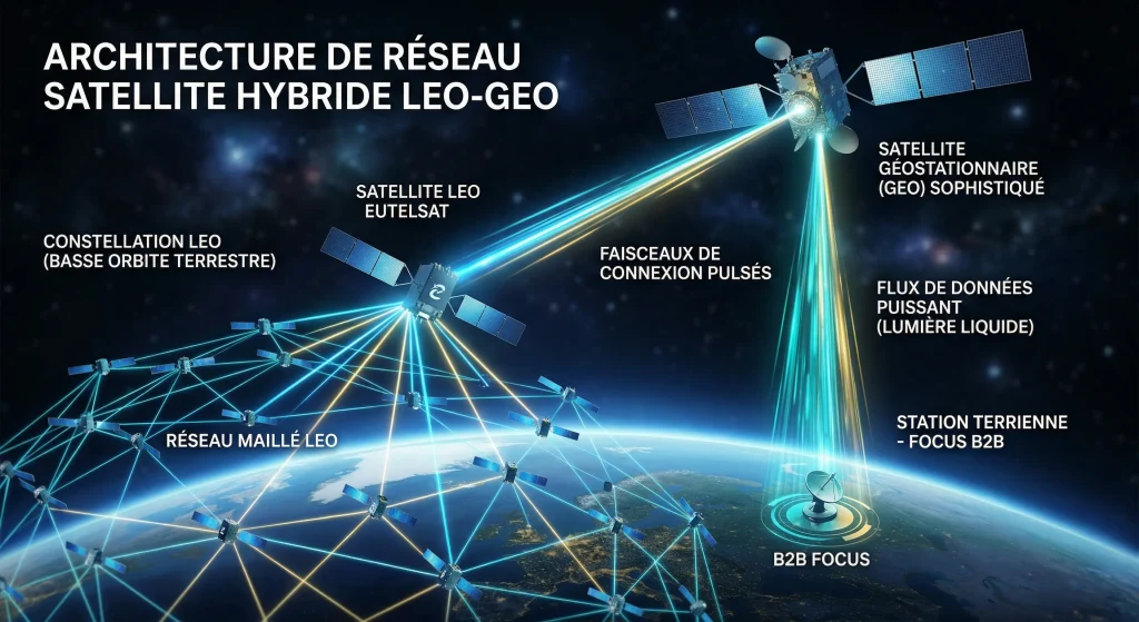 Avis Action Eutelsat 2026 : Faut-il Acheter ou Fuir le Gรฉant des Satellites ? 2 Infographie de l'architecture rรฉseau hybride LEO-GEO d'Eutelsat OneWeb et connectivitรฉ B2B.