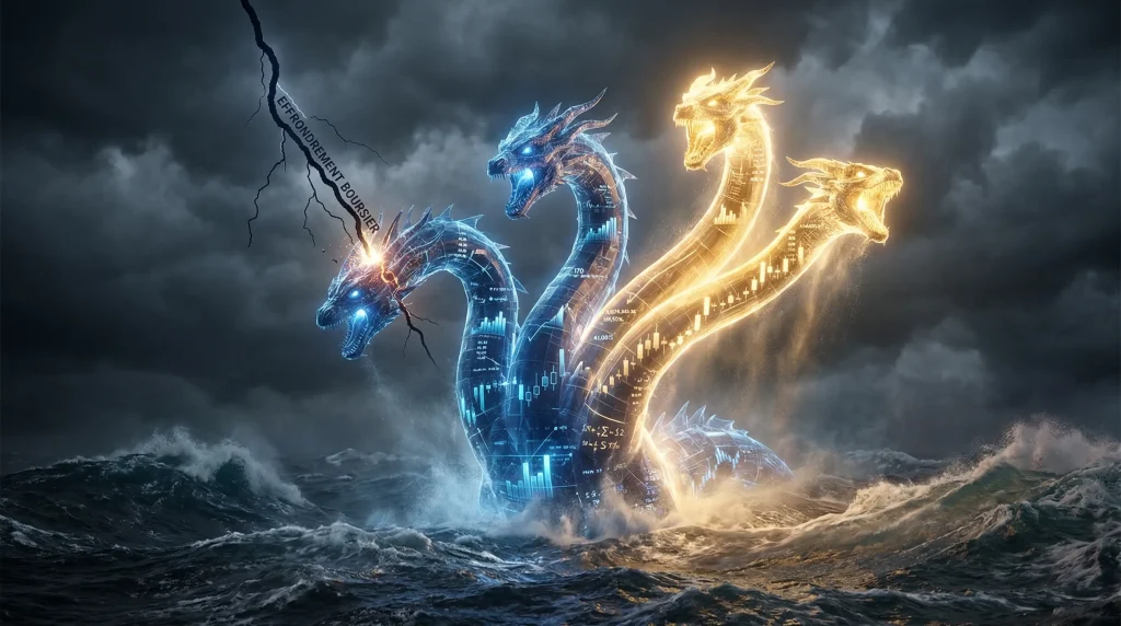 Portefeuille Antifragile : Le Guide pour Allier Performance et Sérénité 1 Métaphore visuelle du portefeuille antifragile : une hydre financière de graphiques boursiers devenant plus forte sous l'impact d'un krach.