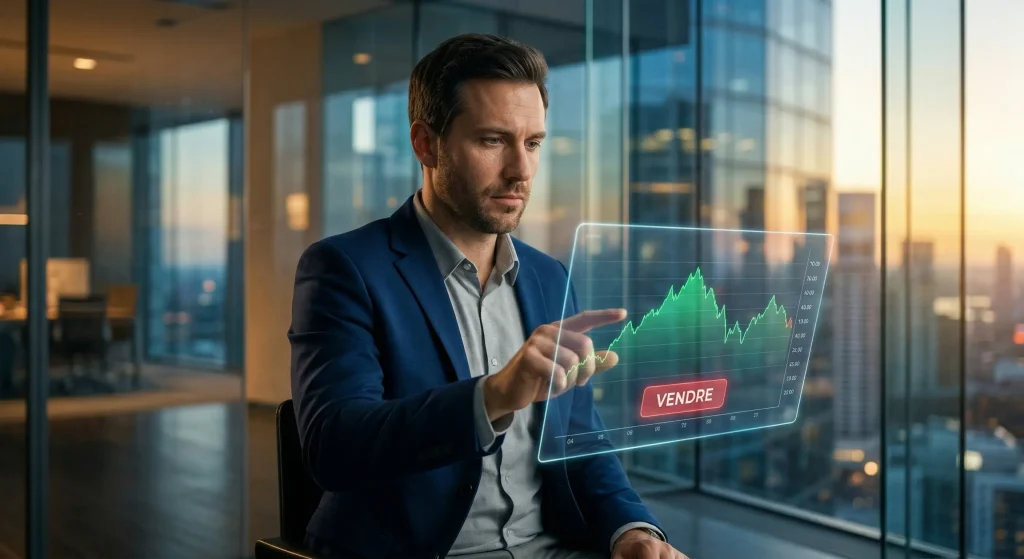 Quand vendre une action ? Le Guide Stratégique (et Psychologique) Complet 1 Investisseur boursier analysant un graphique sur écran holographique avec bouton vendre une action pour prendre ses bénéfices.