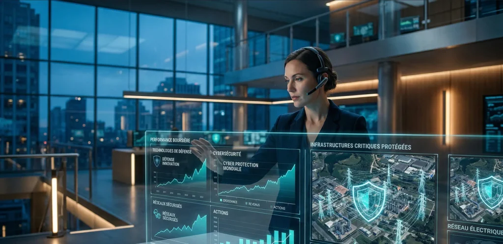Investir en temps de guerre : Stratégies et Actifs Refuges (Guide 2026) 3 Analyse des secteurs porteurs en 2026 : défense tech, cybersécurité et protection des infrastructures critiques sur écrans holographiques