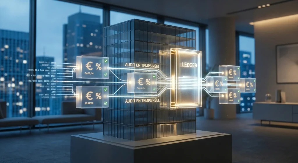 SCPI 2026 : Innovation, Blockchain et Frais 0% - Le Guide Complet 2 Visualisation de l'audit blockchain en temps rรฉel pour une SCPI innovation avec ledger numรฉrique et flux financiers transparents.