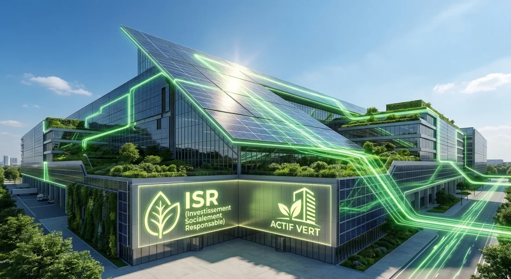 SCPI 2026 : Innovation, Blockchain et Frais 0% - Le Guide Complet 5 Immeuble SCPI labellisรฉ ISR avec panneaux solaires intรฉgrรฉs et production d'รฉnergie durable pour actifs verts innovants.