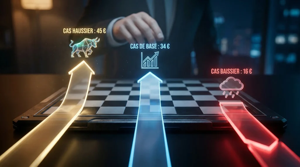 Investir dans l'Action Wallix en 2026 : Avis, Analyse et Potentiel 10 Échiquier numérique futuriste montrant trois scénarios de cours pour l'action Wallix : haussier (45€), de base (34€) et baissier (16€), avec la main d'un investisseur.