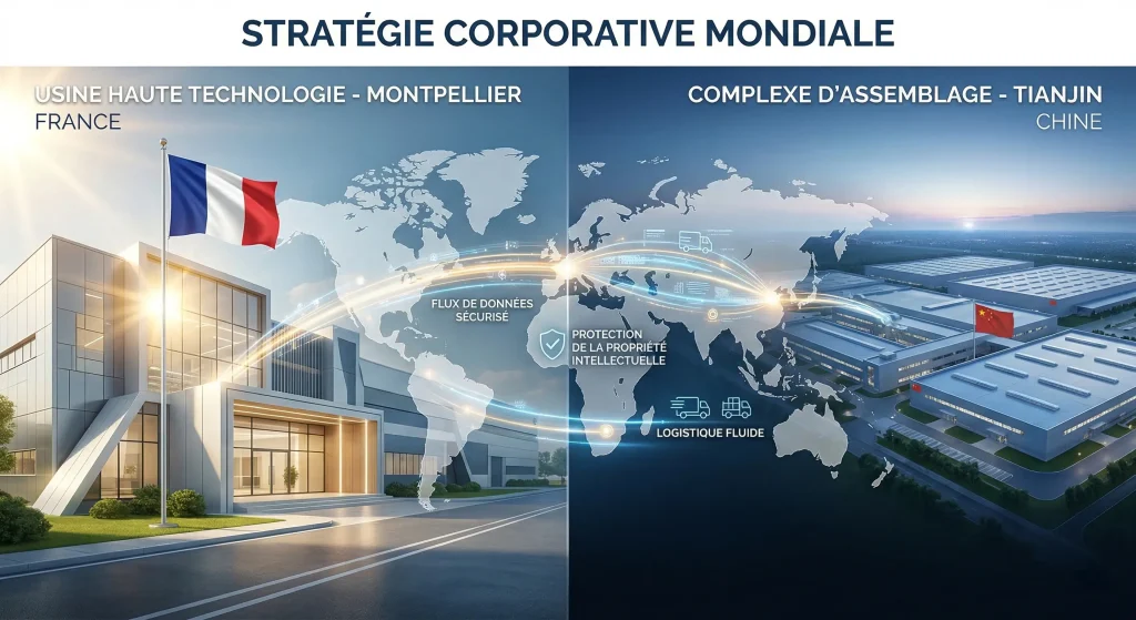 Action SEMCO Technologies (ALSEM) : Analyse, Perspectives 2026 et Avis : Faut-il Acheter ? 10 Carte de la stratรฉgie mondiale SEMCO Technologies entre l'usine de Montpellier en France et le complexe d'assemblage de Tianjin en Chine.
