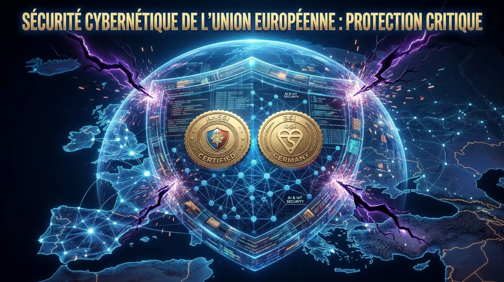 Investir dans l'Action Wallix en 2026 : Avis, Analyse et Potentiel 11 Illustration conceptuelle d'un bouclier de cybersécurité Wallix sur une carte de l'Union Européenne, avec les sceaux officiels de certification ANSSI et BSI Germany, déviant les menaces numériques.