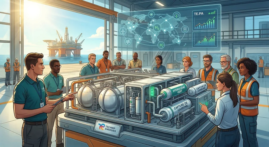 Équipe d'ingénieurs Technip Energies analysant la transition énergétique et le cours de l'action NL0014559478.