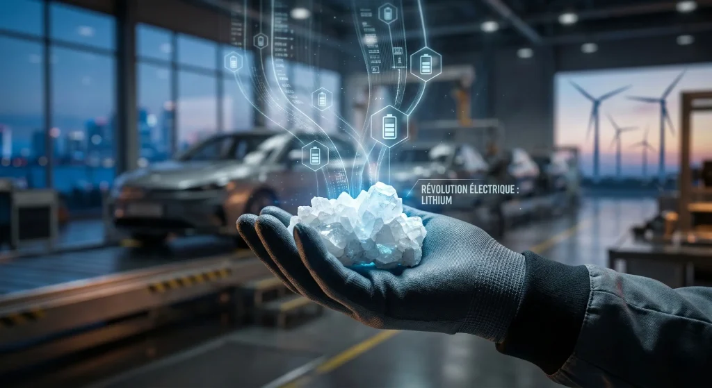 Investir dans le Lithium en 2026 : Guide et Analyse du Petit Or Blanc 1 Cristaux de lithium bruts dans une main gantรฉe avec hologrammes de batteries, illustrant la rรฉvolution รฉlectrique.