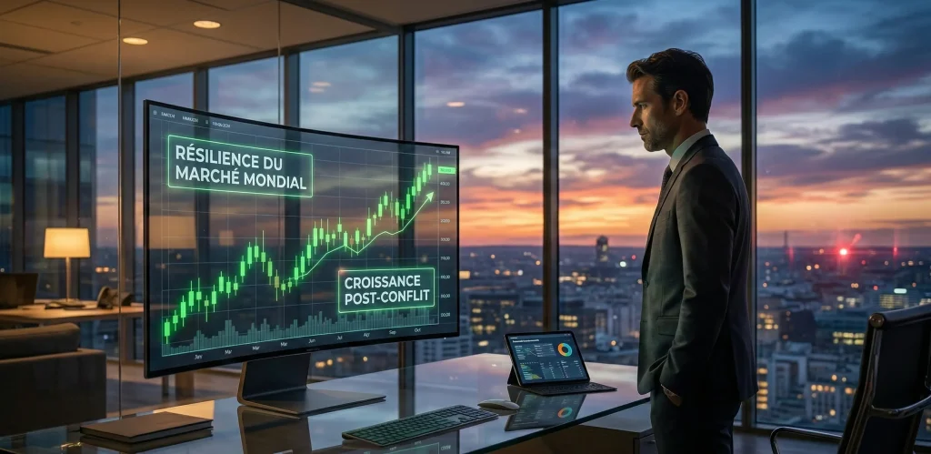 Investir en temps de guerre : Stratégies et Actifs Refuges (Guide 2026) 1 Stratégie d'investissement long terme et graphique de croissance post-conflit affichant la résilience du marché mondial