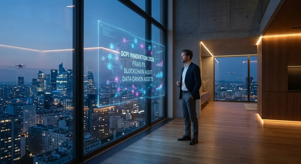 SCPI 2026 : Innovation, Blockchain et Frais 0% - Le Guide Complet 1 Concept de SCPI innovation 2026 avec hologramme affichant les frais 0% et l'audit blockchain sur fond de skyline urbaine.