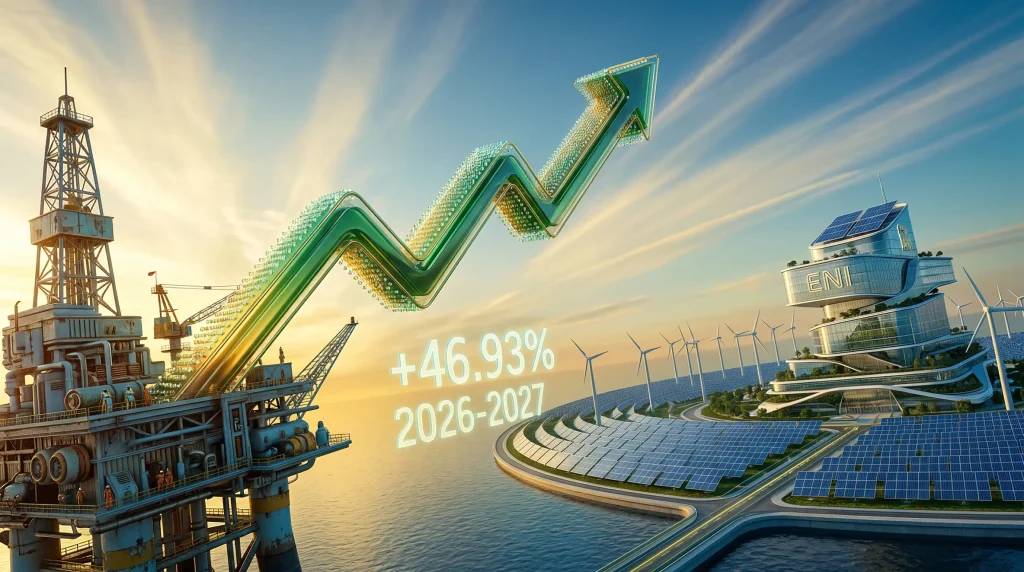 Action ENI : Dividendes, Analyse et Perspectives 2026-2027 1 Graphique de la hausse de l'action ENI entre 2026 et 2027 illustrant la transition du pรฉtrole vers les รฉnergies renouvelables.