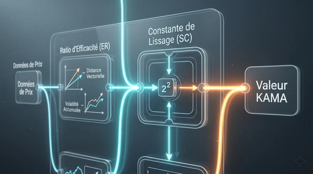 Indicateur KAMA (Moyenne Mobile Adaptative) : Le Guide Complet 1 Diagramme algorithmique futuriste dรฉcortiquant la formule de l'indicateur KAMA, incluant le calcul du Ratio d'Efficacitรฉ (ER) et de la Constante de Lissage (SC).