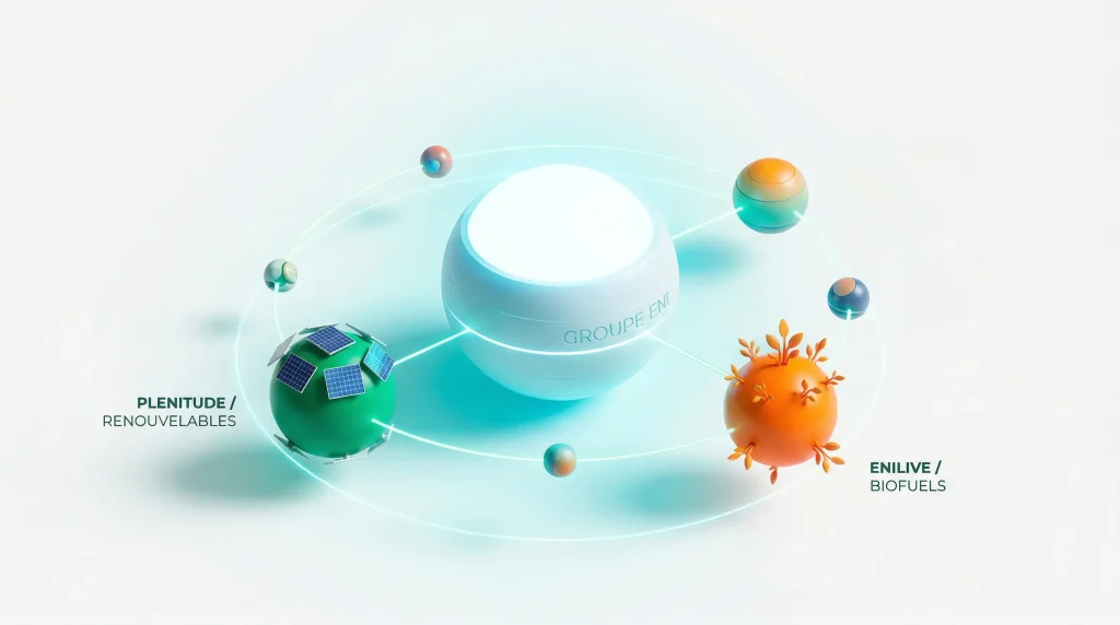Action ENI : Dividendes, Analyse et Perspectives 2026-2027 6 Schรฉma stratรฉgique du modรจle satellite d'ENI prรฉsentant les filiales Plenitude Renouvelables et Enilive Biofuels.