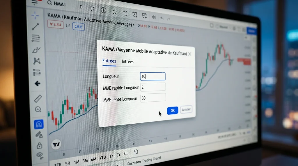 Indicateur KAMA (Moyenne Mobile Adaptative) : Le Guide Complet 3 Fenรชtre de paramรฉtrage de la Moyenne Mobile Adaptative de Kaufman (KAMA) sur TradingView avec les entrรฉes recommandรฉes 10, 2 et 30.