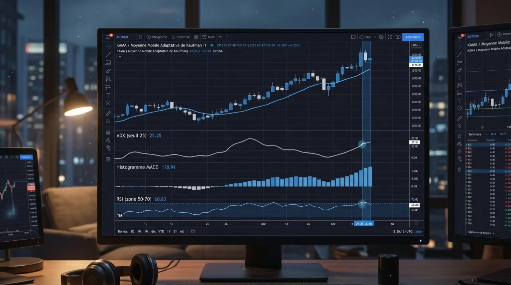 Indicateur KAMA (Moyenne Mobile Adaptative) : Le Guide Complet 4 Tableau de bord de trading professionnel affichant une confluence stratรฉgique entre l'indicateur KAMA, l'histogramme MACD, le RSI et la force de tendance ADX.