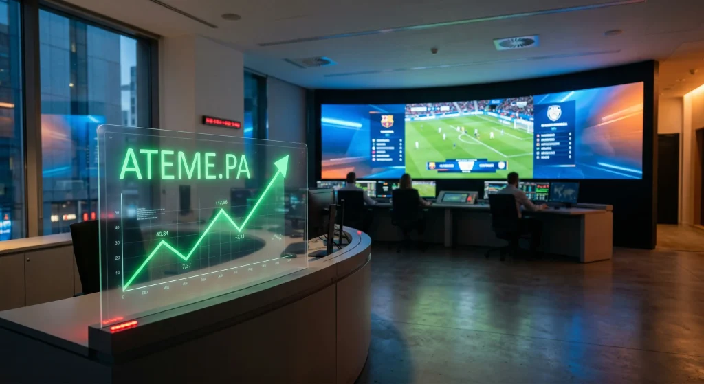 Action Ateme 2026 : Analyse, Prรฉvisions et Guide d'Investissement 1 Graphique boursier de l'action Ateme.PA avec une flรจche verte montrant une tendance haussiรจre dans une salle de contrรดle vidรฉo futuriste.