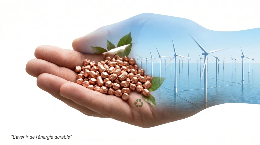 Action Prysmian : Analyse, Dividendes et Prévisions 2026-2027 12 Main tenant du cuivre recyclé en double exposition avec un parc éolien offshore sous un ciel clair.
