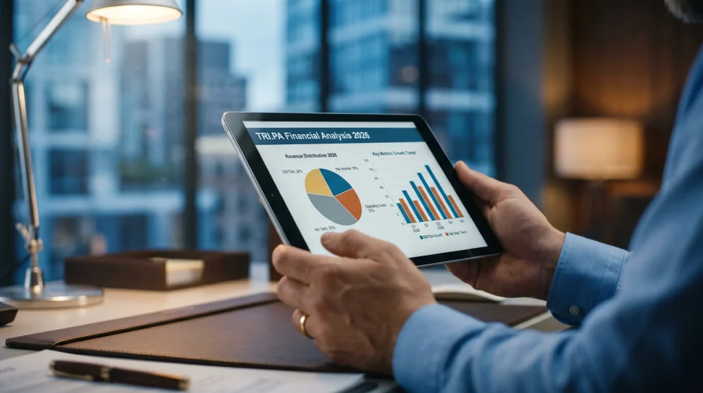 Investir dans l'Action Trigano (TRI) en 2026 : Analyse Complรจte, Valorisation et Perspectives 2 Tablette affichant l'analyse financiรจre 2026 de l'action Trigano (TRI.PA) avec graphiques de revenus et d'EBITDA.