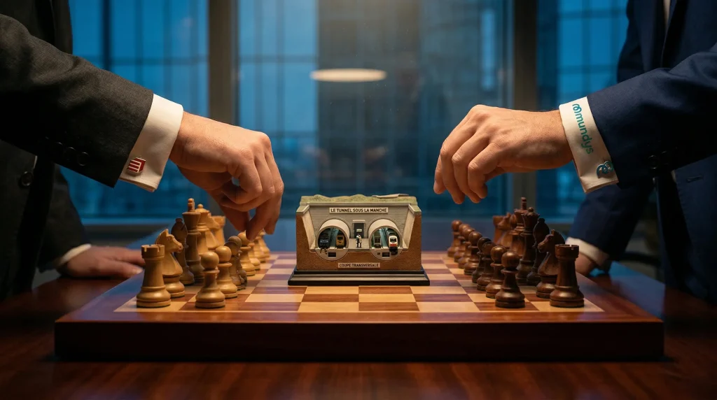Faut-il acheter l'action Getlink (GET) en 2026 ? Analyse complรจte, Dividendes et Objectifs de cours. 12 Deux hommes d'affaires s'affrontent aux รฉchecs sur une maquette dรฉtaillรฉe du Tunnel sous la Manche, reprรฉsentant la bataille pour le contrรดle boursier de l'action Getlink entre Mundys et Eiffage.