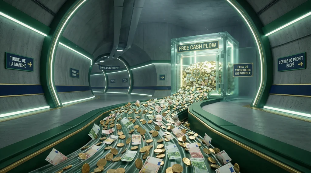 Faut-il acheter l'action Getlink (GET) en 2026 ? Analyse complรจte, Dividendes et Objectifs de cours. 7 Un coffre-fort transparent marquรฉ "TUNNEL DE LA MANCHE" et "FREE CASH FLOW" se dรฉverse de piรจces et billets d'euros dans un tunnel d'infrastructure moderne, symbolisant la rentabilitรฉ de l'action Getlink.