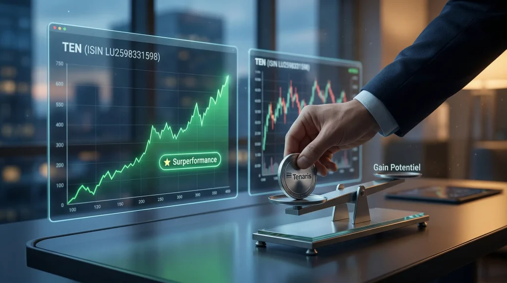 Action Tenaris (TEN) en 2026 : Analyse, Dividendes et Avis 1 Graphique boursier de l'action Tenaris montrant une courbe de surperformance et une balance symbolisant le potentiel de gain.