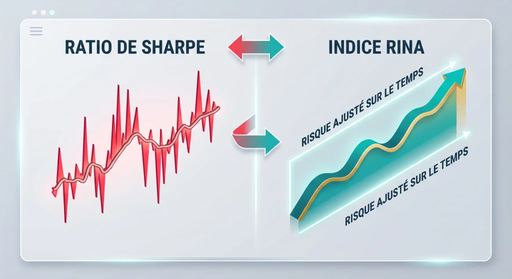 Le Guide Dรฉfinitif pour l'รvaluation des Systรจmes de Trading Algorithmique 3 Graphique comparatif entre la forte volatilitรฉ du Ratio de Sharpe et la stabilitรฉ du risque ajustรฉ de l'Indice RINA.