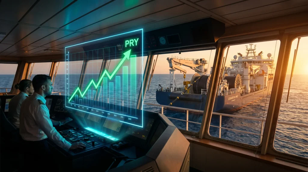 Action Prysmian : Analyse, Dividendes et Prévisions 2026-2027 1 Pont de navire avec écran holographique affichant le graphique boursier haussier de l'action Prysmian (PRY) face au navire Leonardo da Vinci.