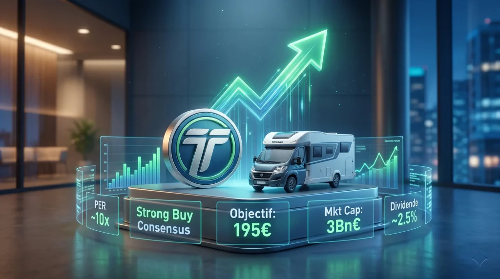 Investir dans l'Action Trigano (TRI) en 2026 : Analyse Complรจte, Valorisation et Perspectives 11 Camping-car Challenger roulant sur une route de montagne avec un graphique boursier de l'action Trigano (TRI.PA) en arriรจre-plan.