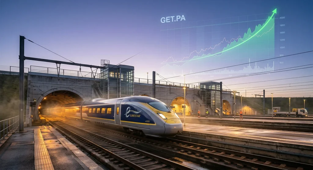 Faut-il acheter l'action Getlink (GET) en 2026 ? Analyse complรจte, Dividendes et Objectifs de cours. 1 Un train Eurostar sortant d'un tunnel sous un graphique boursier ascendant et transparent marquรฉ 'GET.PA', servant d'en-tรชte pour l'analyse complรจte de l'action Getlink.