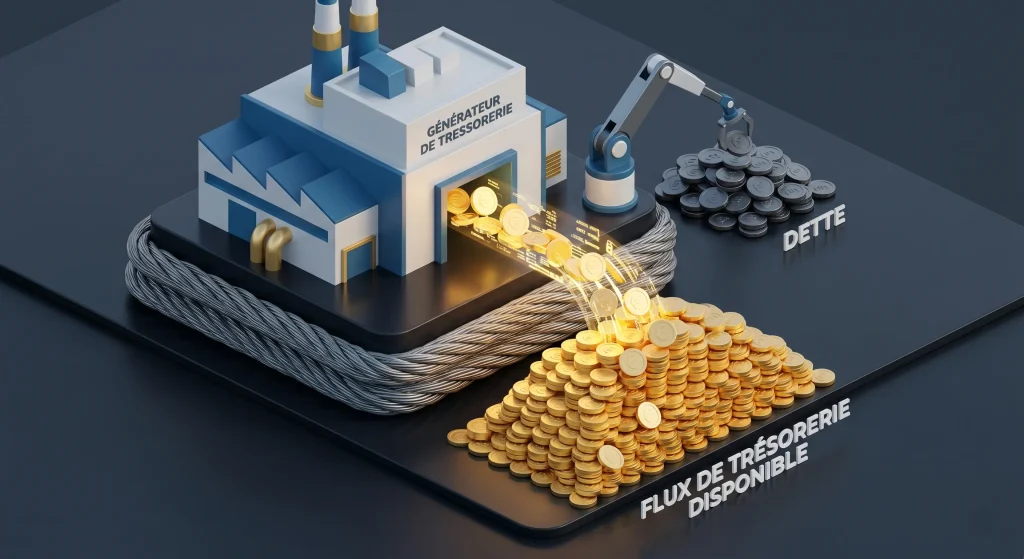 Action Prysmian : Analyse, Dividendes et Prévisions 2026-2027 7 Modèle 3D d'une usine transformant l'activité industrielle en flux de trésorerie disponible et réduction de dette.