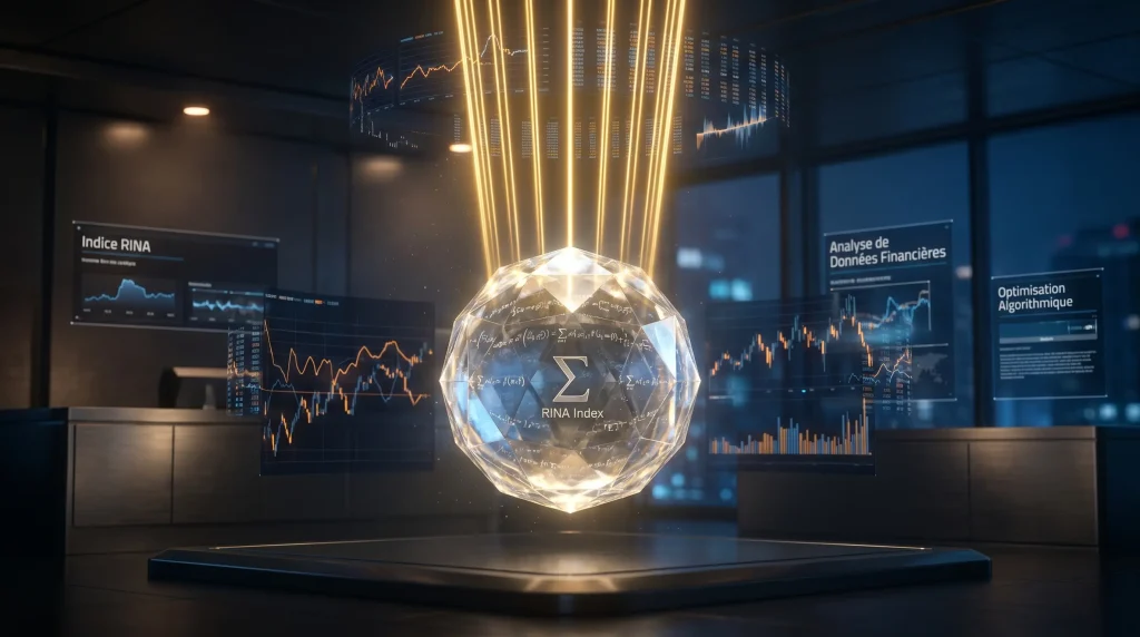 Le Guide Dรฉfinitif pour l'รvaluation des Systรจmes de Trading Algorithmique 1 Reprรฉsentation 3D de l'Indice RINA avec formules mathรฉmatiques et graphiques de trading algorithmique.