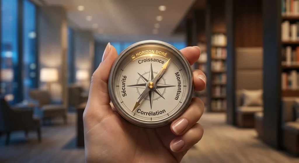 Stratรฉgie GPM 2026 : Le Guide pour Surperformer l'Investissement 60/40 10 Main tenant une boussole premium indiquant les directions Croissance, Momentum et Corrรฉlation.